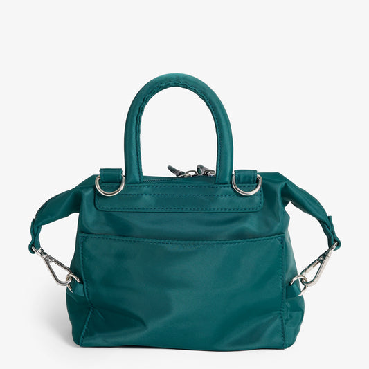 Practice Karma Mini Crossbody bag in Forest green color back of bag close up