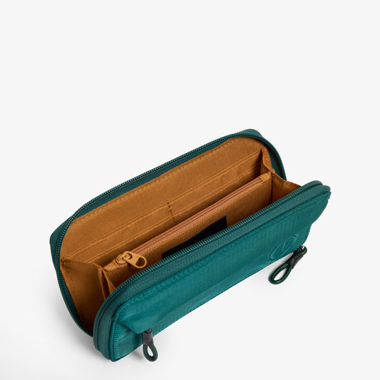 Practice Lissome Wallet Crossbody in Forest green color interior wallet tan lining material