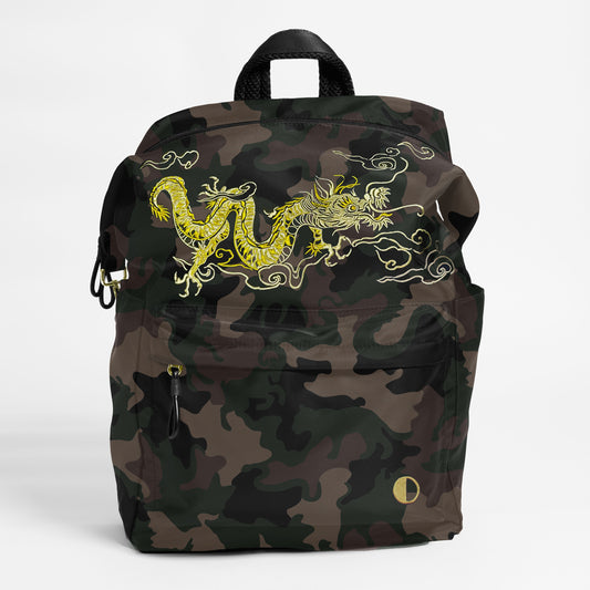 Front Facing view of the Karma Backpack in Green Camo Nylon with intricate dragon embroidery. Backpack has a top handle and a convertible strap to carry your backpack as a tote for easy grab and go!