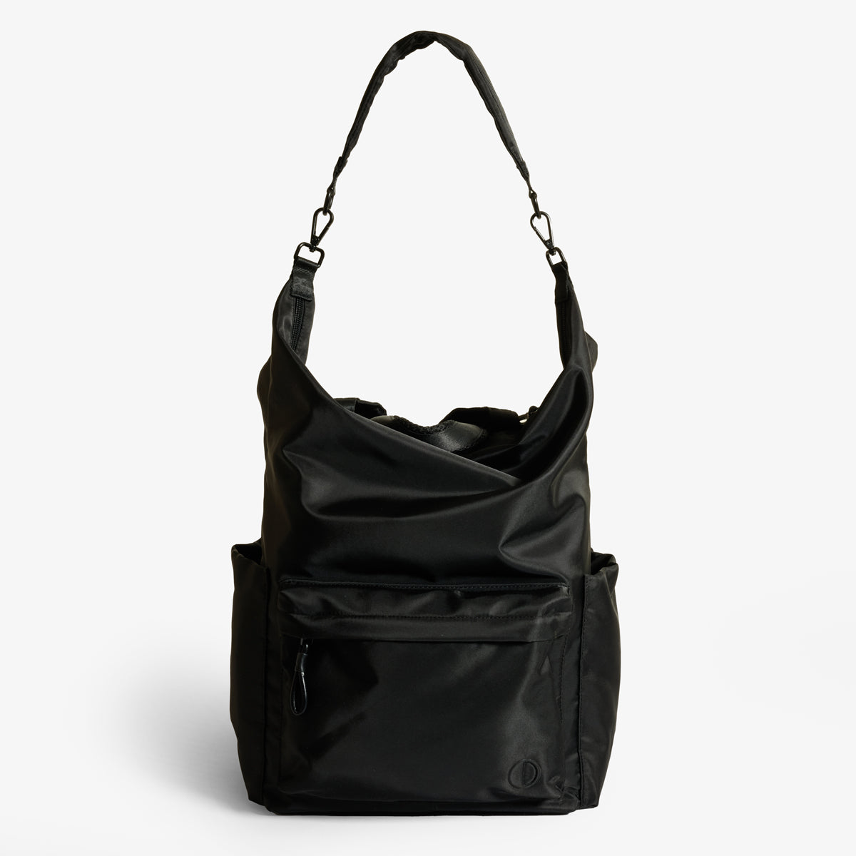 Practice Karma Medium Backpack in Eclipse black color front of bag with shoulder strap extended