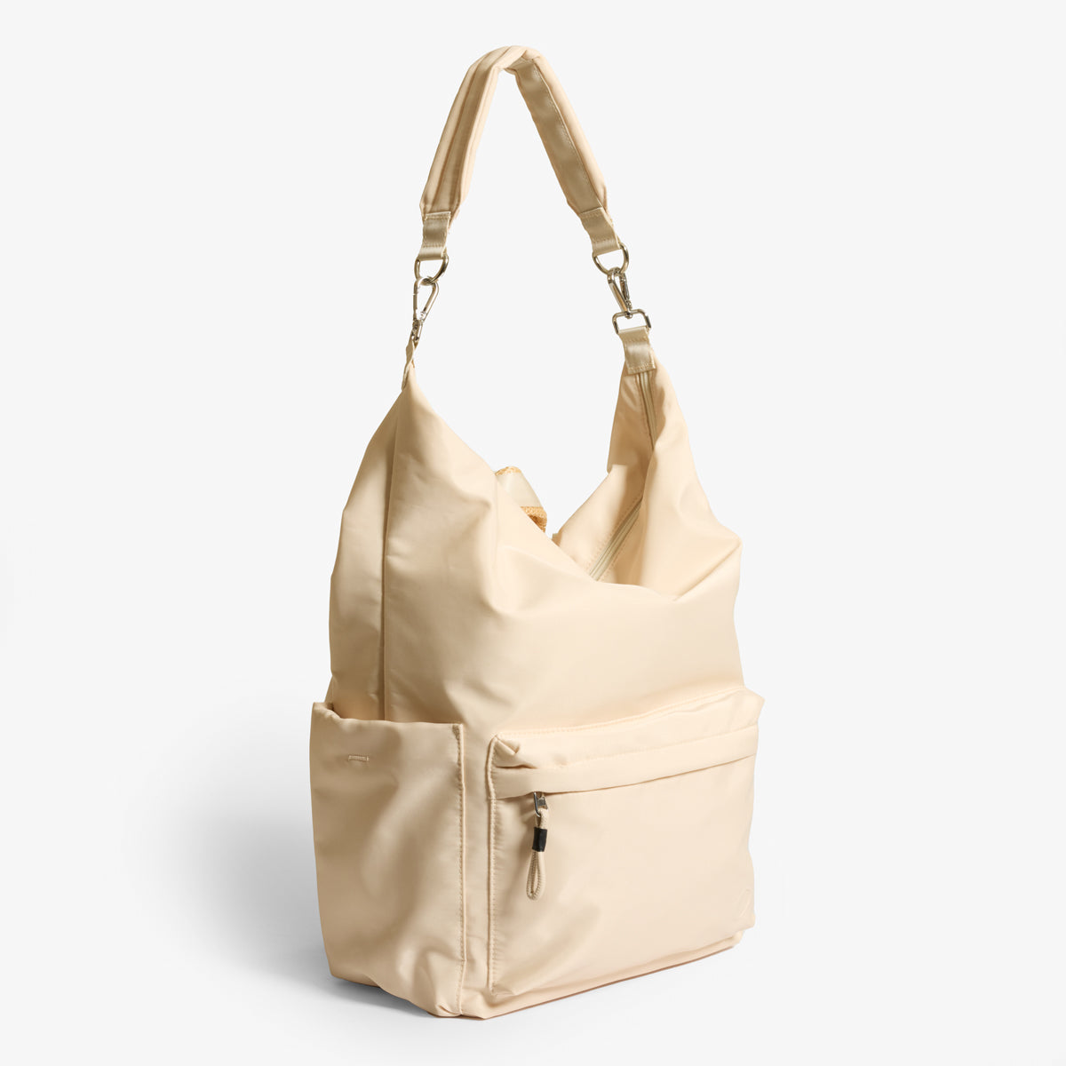 Practice Karma Medium Backpack in Tofu cream color side angle shoulder strap extended