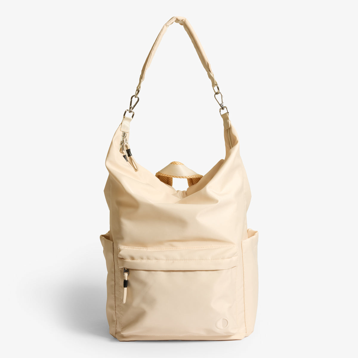 Practice Karma Medium Backpack in Tofu cream color front of bag with shoulder strap extended