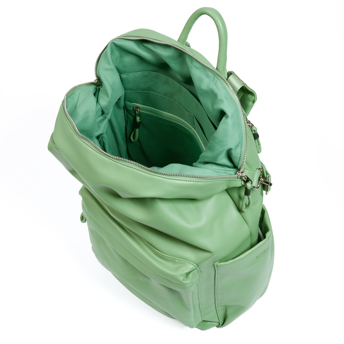 Top inside view of the Karma Backpack in Mushroom colored Vegan Leather. Backpack has a top handle and a convertible strap to carry your backpack as a tote for easy grab and go!