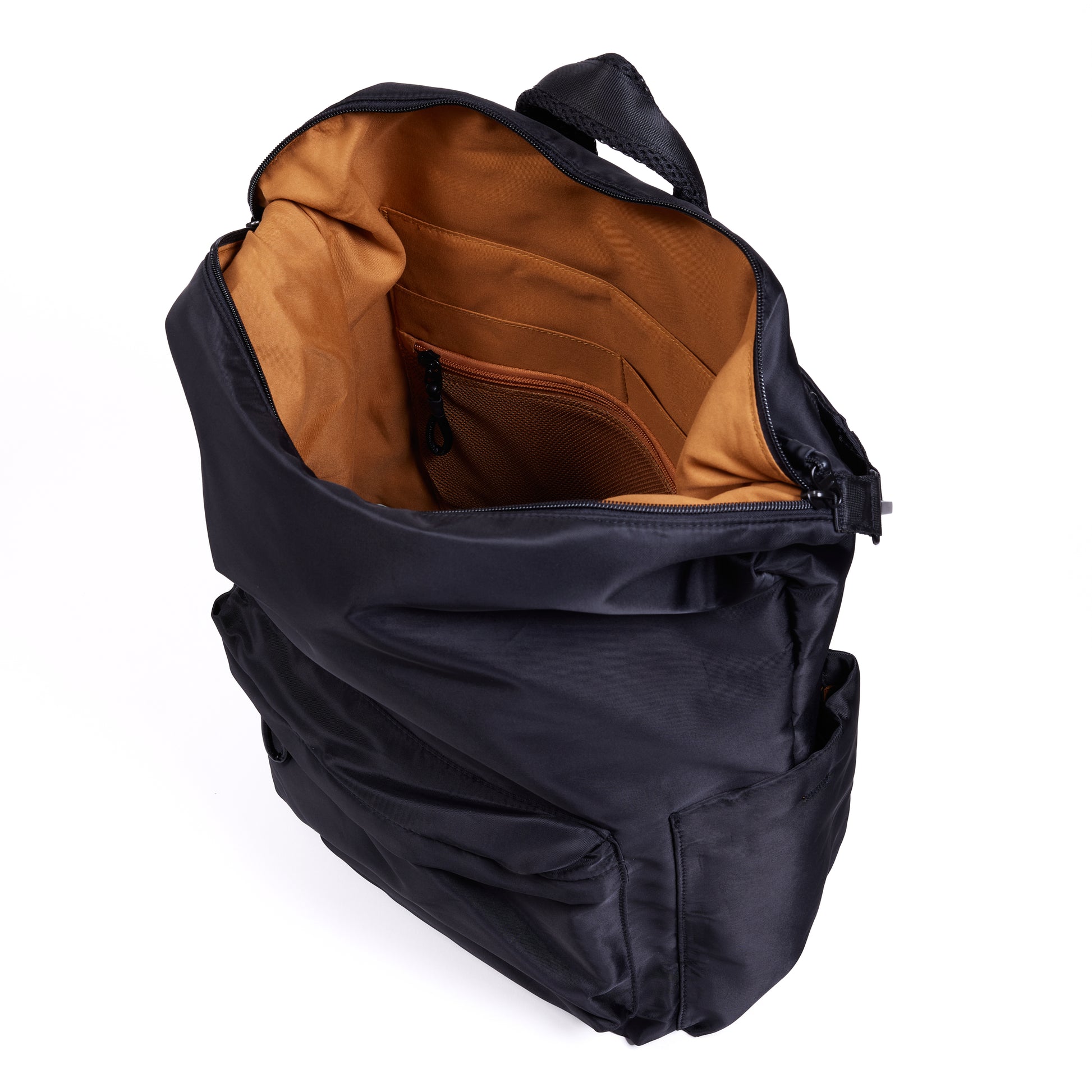 Karma Black Nylon Backpack with top zipper open showing tan brown interior