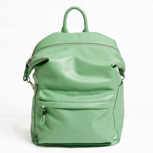 Front Facing view of the Karma Backpack in Aloe Green colored Vegan Leather. Backpack has a top handle and a convertible strap to carry your backpack as a tote for easy grab and go!